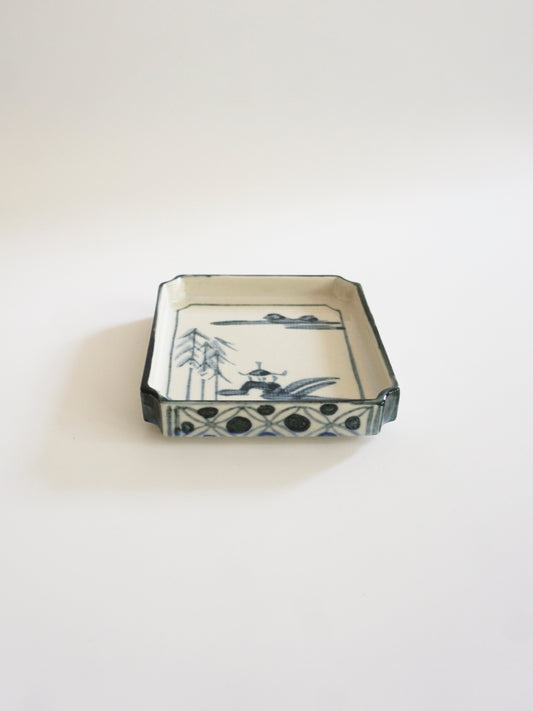 Vintage Small Square Plate – Porcelain, Landscape Motif